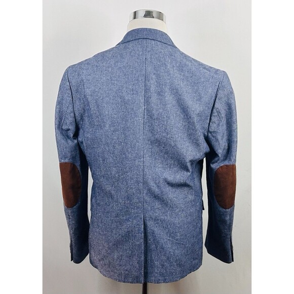 H&M 44R Slim Fit Chambray Sport Coat Elbow Patches Blue Cotton Two Button Vented - Picture 6 of 8
